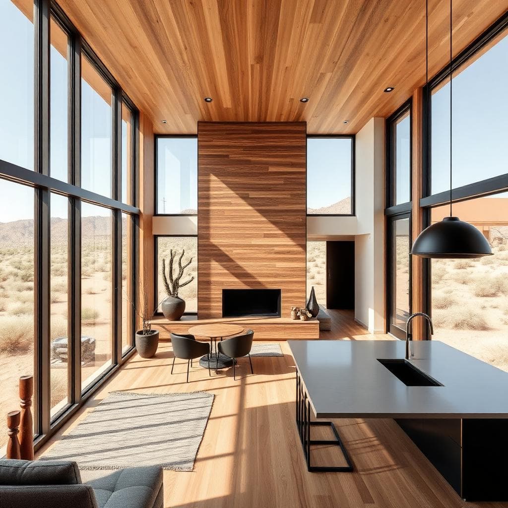 Modern Arizona desert home interior with warm wood and black accents