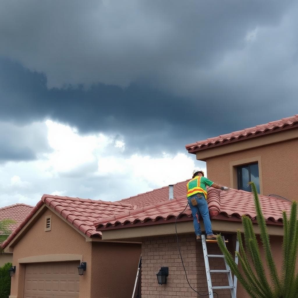 Contractor inspecting a tile roof during an Arizona monsoon storm