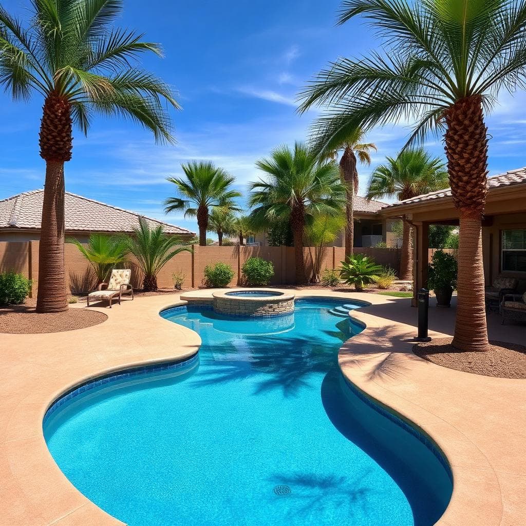 Beautifully resurfaced pool deck with palm trees in a Mesa Arizona backyard