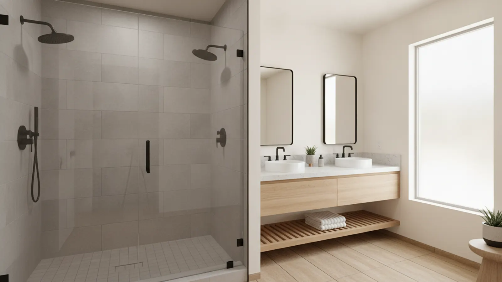 Remodeled bathroom with a frameless walk-in shower, porcelain tile and a floating vanity in a Surprise, Arizona home