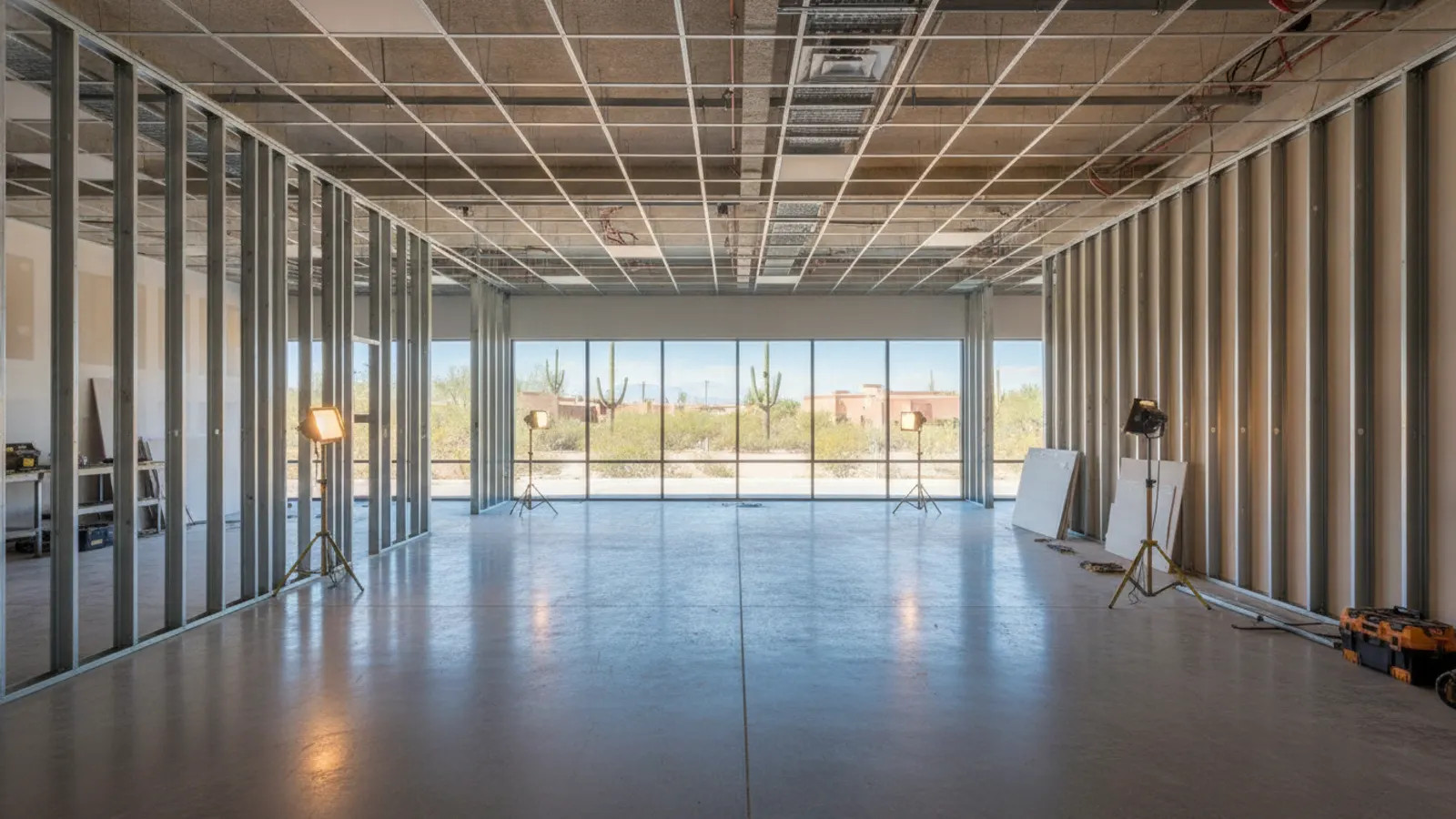 Commercial tenant improvement build-out with metal stud framing and a suspended ceiling grid in a Gilbert, Arizona home