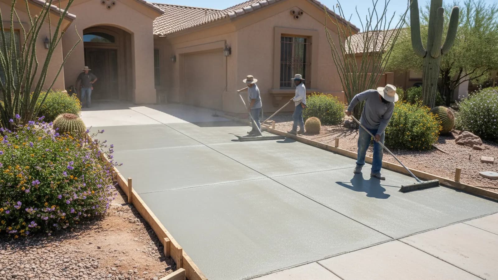 Freshly poured concrete driveway being screeded and floated between forms in a Gilbert, Arizona home