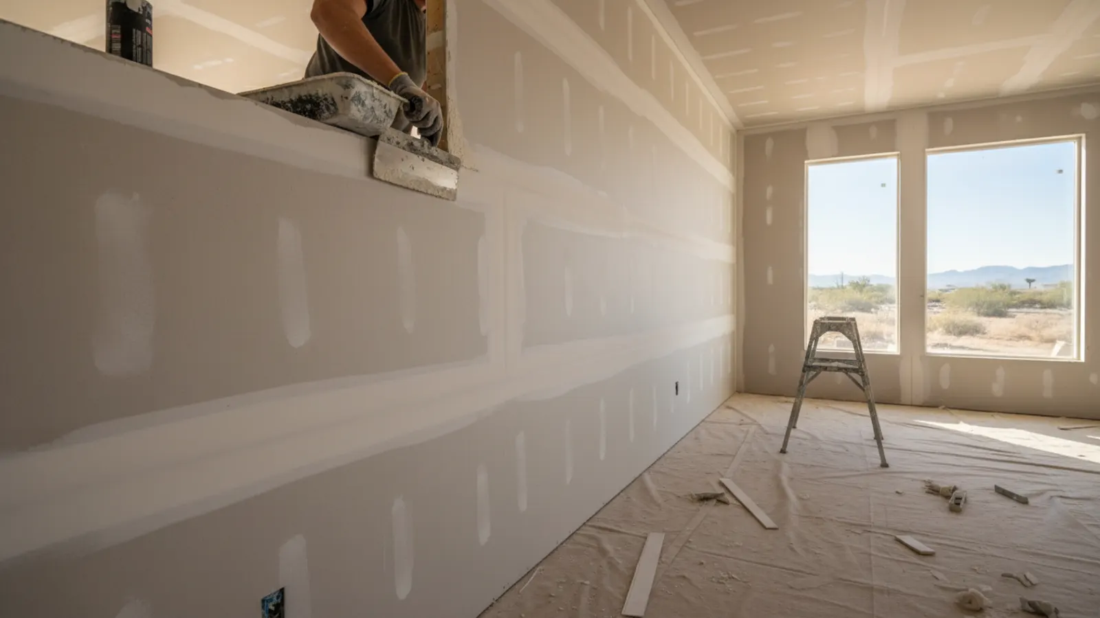 Drywall being hung and joint compound smoothed across the seams in a Tempe, Arizona home