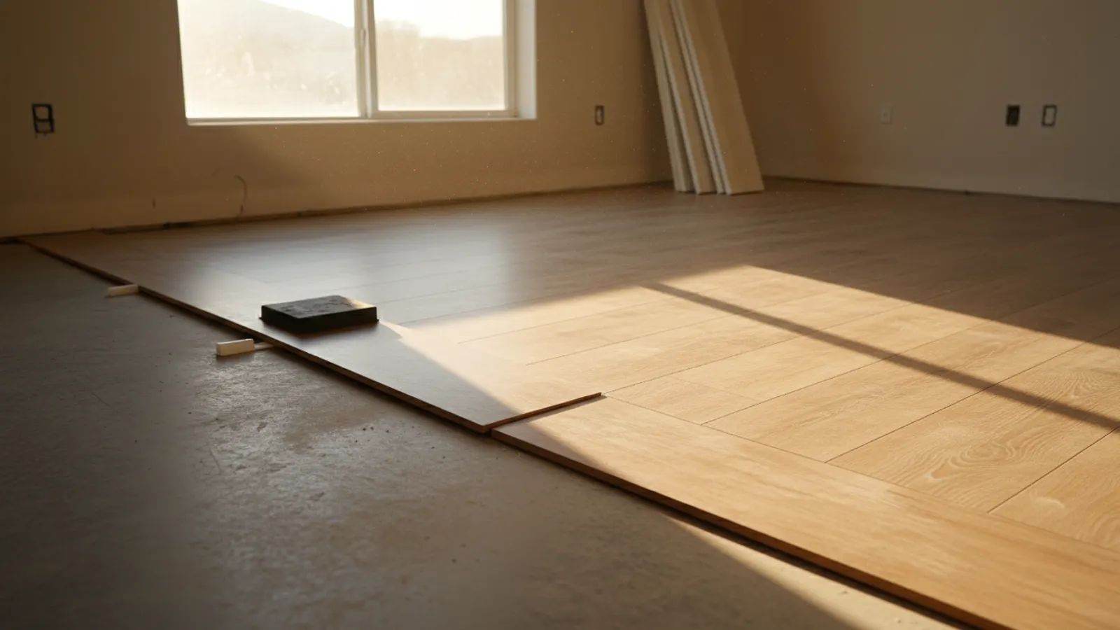 Luxury vinyl plank flooring being locked together across a prepared subfloor in an Arizona home