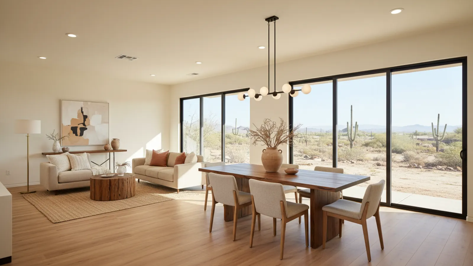 Remodeled open-plan living and dining area with new flooring and fresh paint in a Goodyear, Arizona home