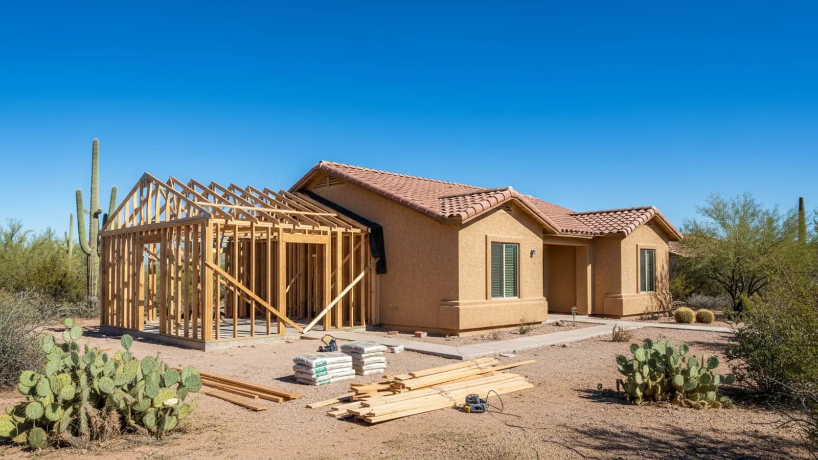 Room addition under construction, with new framing and roof trusses joining the existing house in an Arizona home