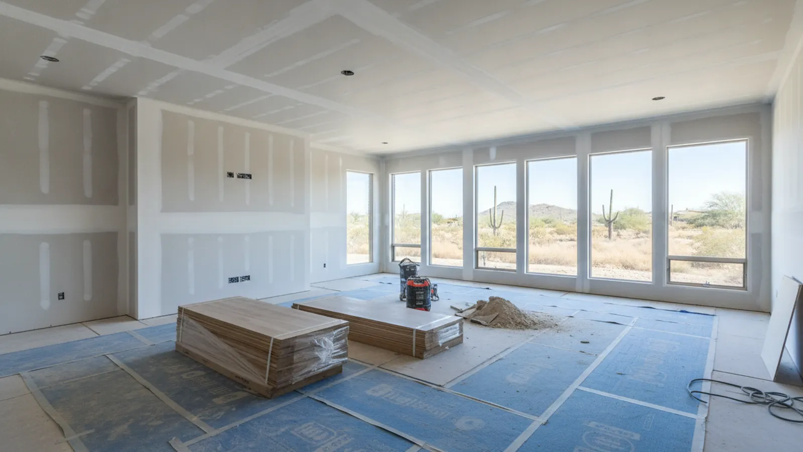Whole-home renovation in progress with new drywall and protected floors in a Paradise Valley, Arizona home