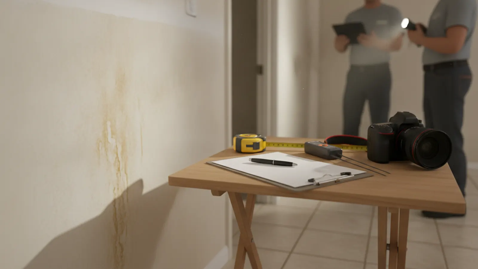 Property damage being documented with a moisture meter, tape measure and camera in a Gilbert, Arizona home