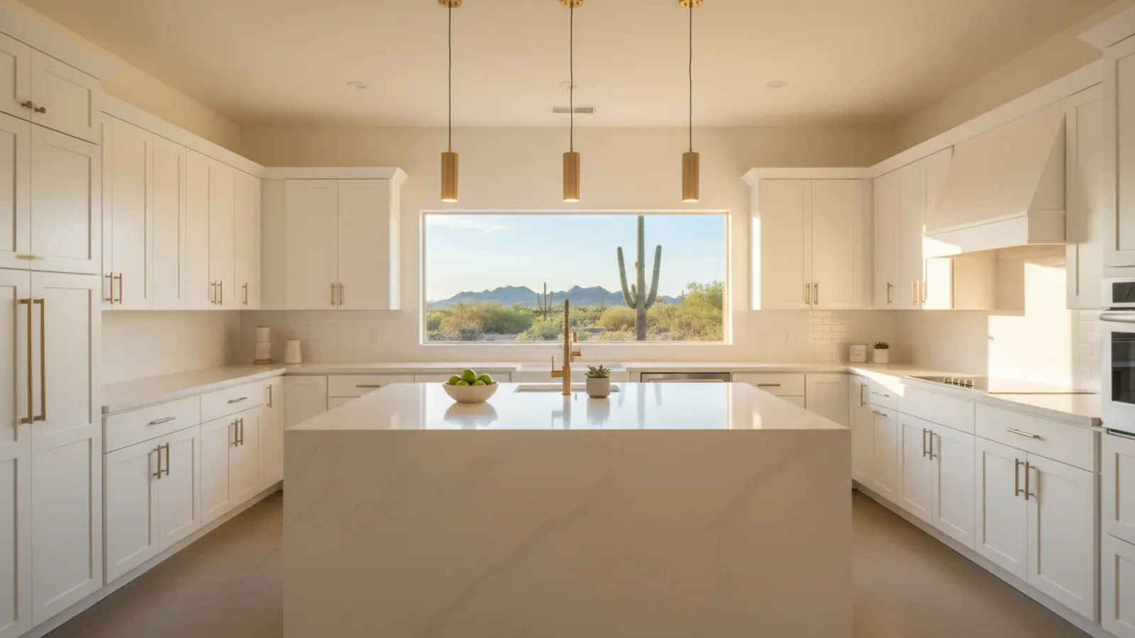 Remodeled kitchen with white shaker cabinets, a quartz waterfall island and brass fixtures in an Arizona home