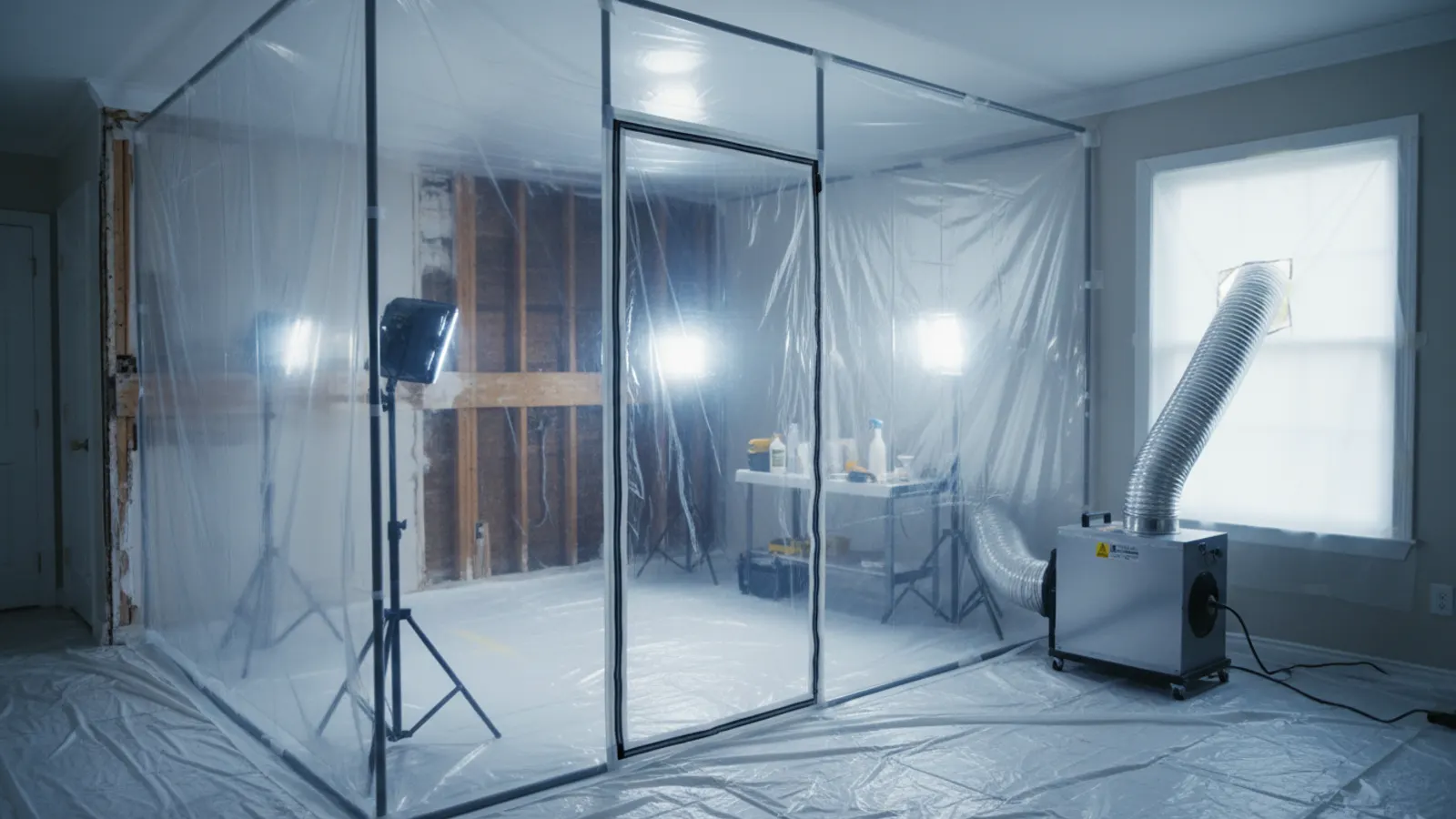 Mold remediation containment with a negative air machine and wall opened to expose framing in a Cave Creek, Arizona home