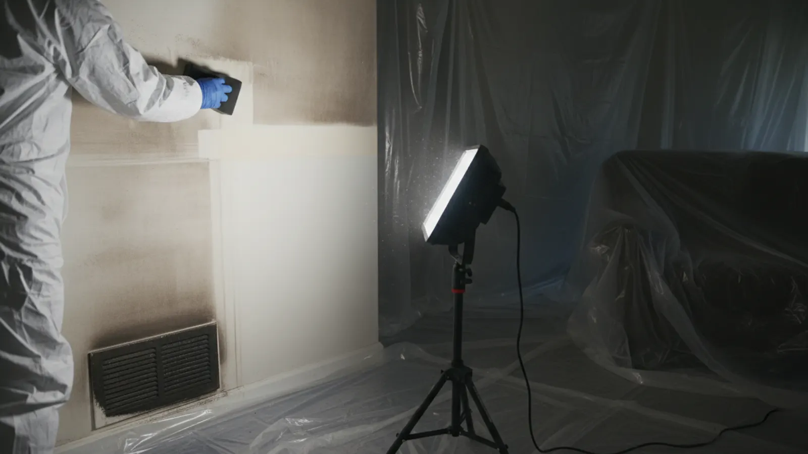 Soot being cleaned from a wall, showing the contrast between treated and untreated sections in a Phoenix, Arizona home