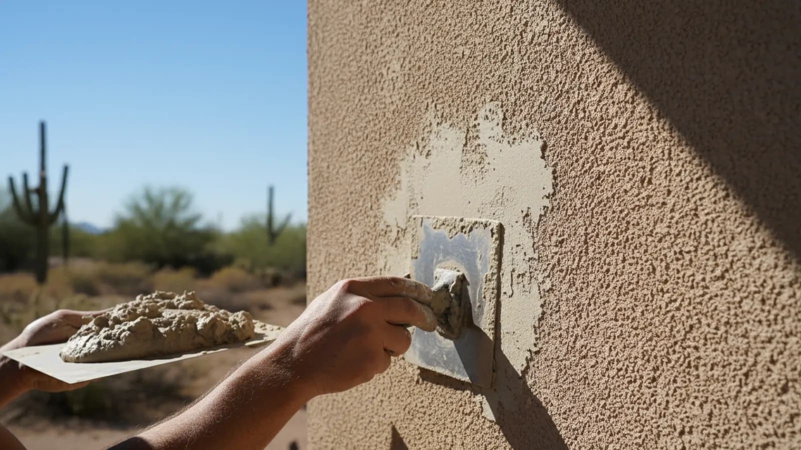 Stucco patch being floated over a repaired wall section and the texture matched in a Tempe, Arizona home