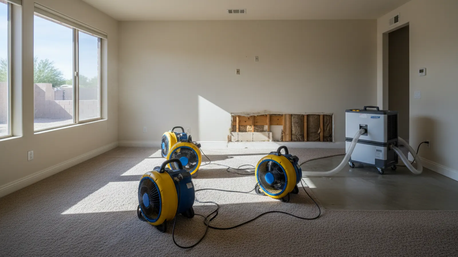 Water damage drying setup with air movers and a dehumidifier, baseboards removed in an Arizona home
