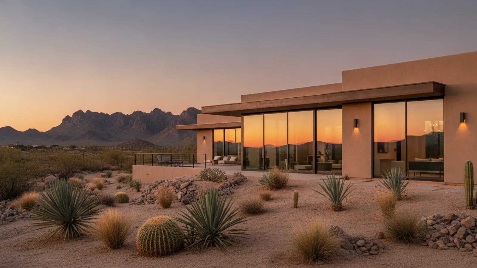 Newly built custom home with southwestern stucco architecture and desert landscaping in a Cave Creek, Arizona home