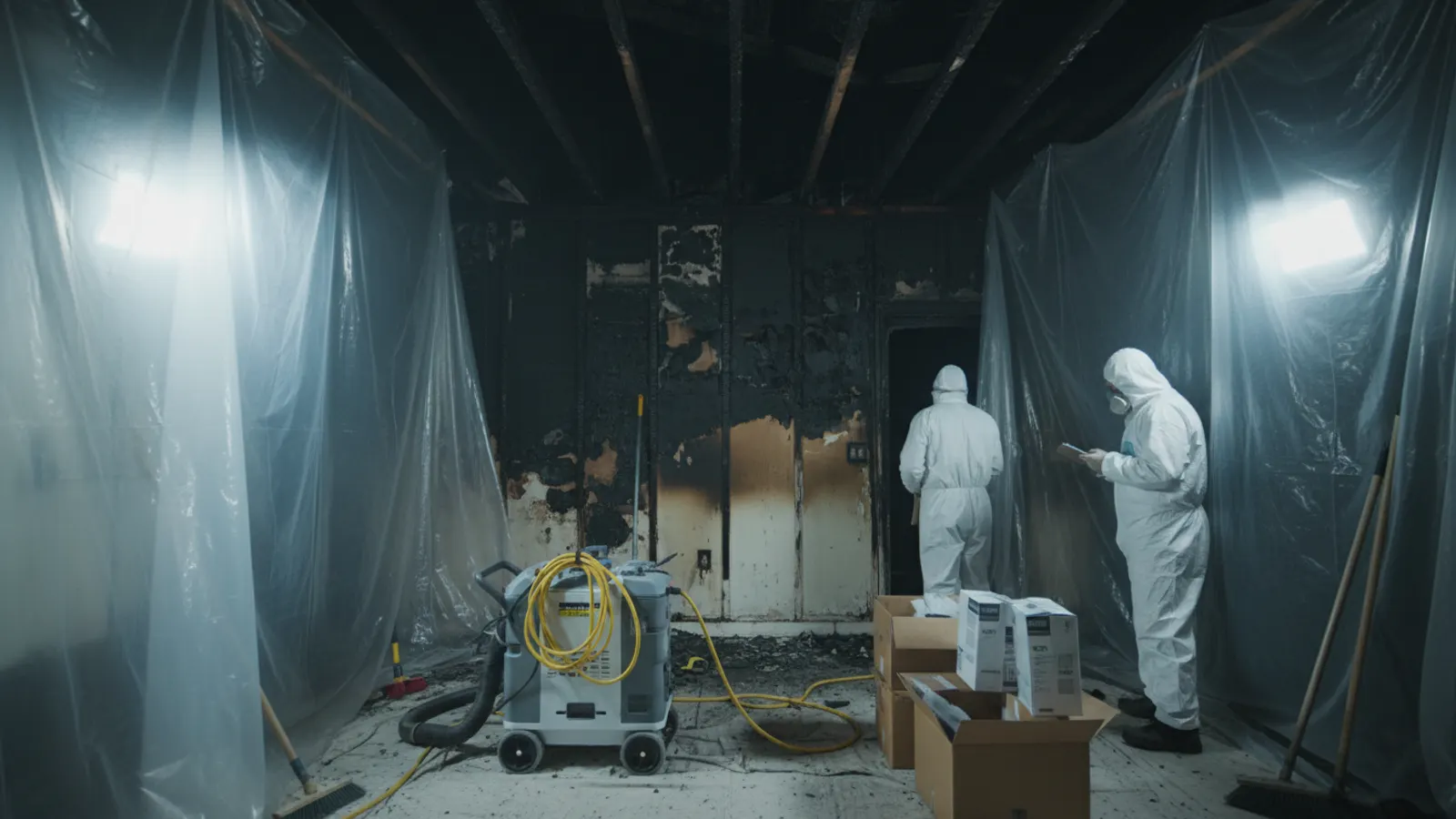 Fire damage being assessed under work lights with containment sheeting in place in a Peoria, Arizona home