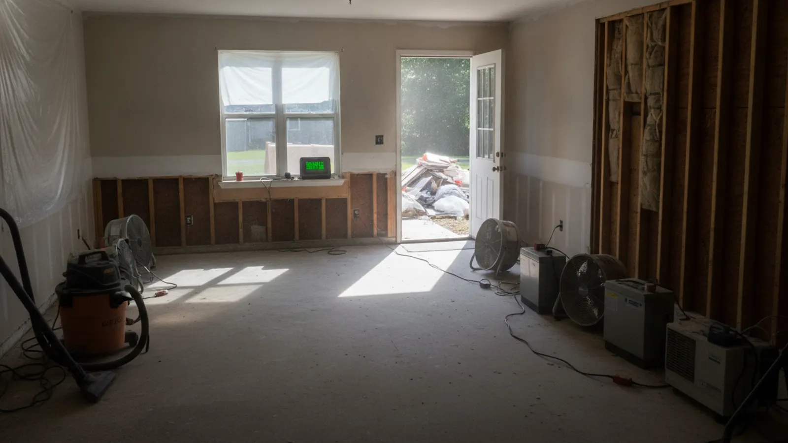 Flood-damaged flooring removed to the slab with drying equipment running in a Tempe, Arizona home