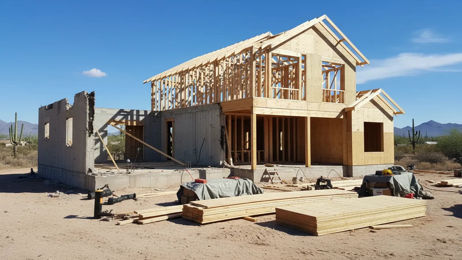 Home being rebuilt after fire damage, with new framing and sheathing going up in a Phoenix, Arizona home
