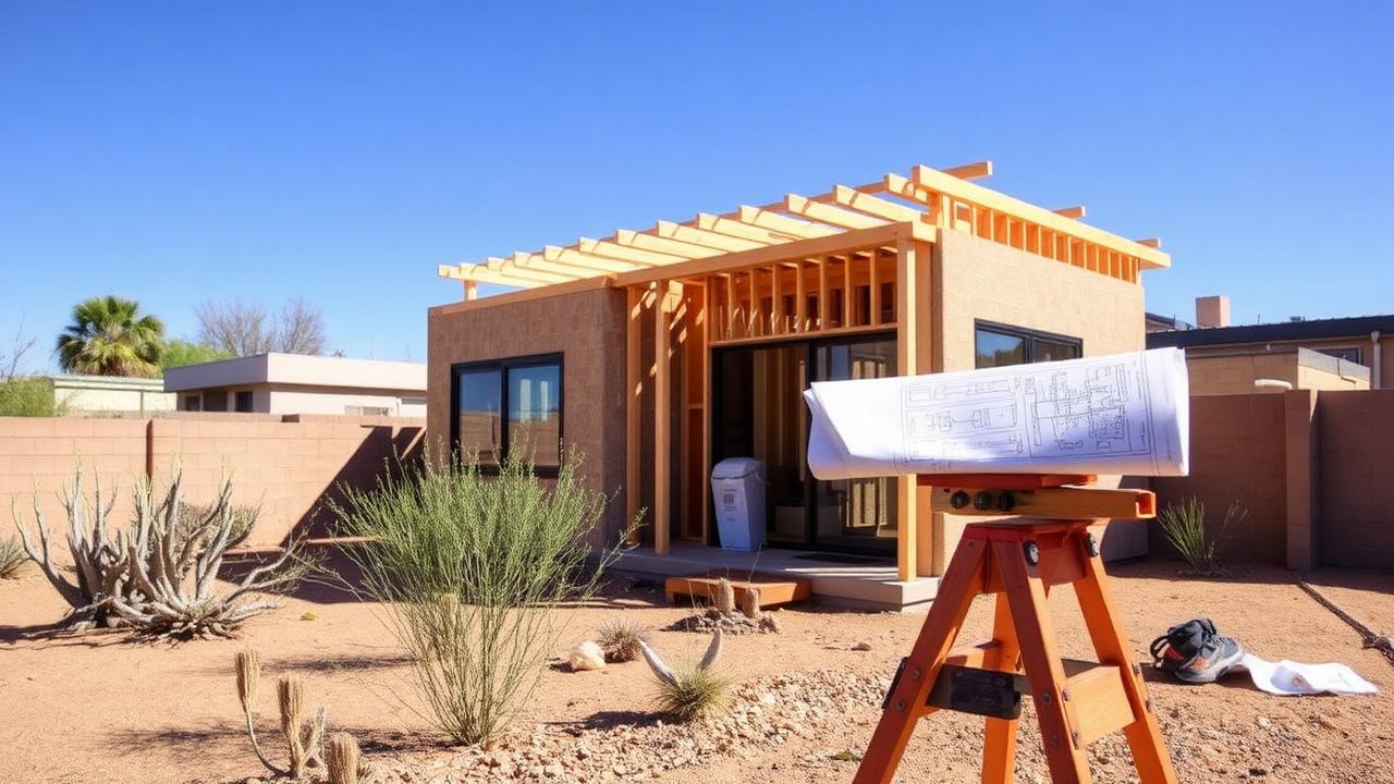 Modern Arizona backyard ADU casita under construction with framing and blueprints