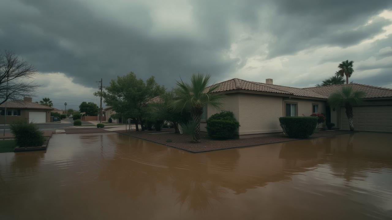 Flooded East Valley Arizona street and yard near a stucco home after a monsoon flash flood