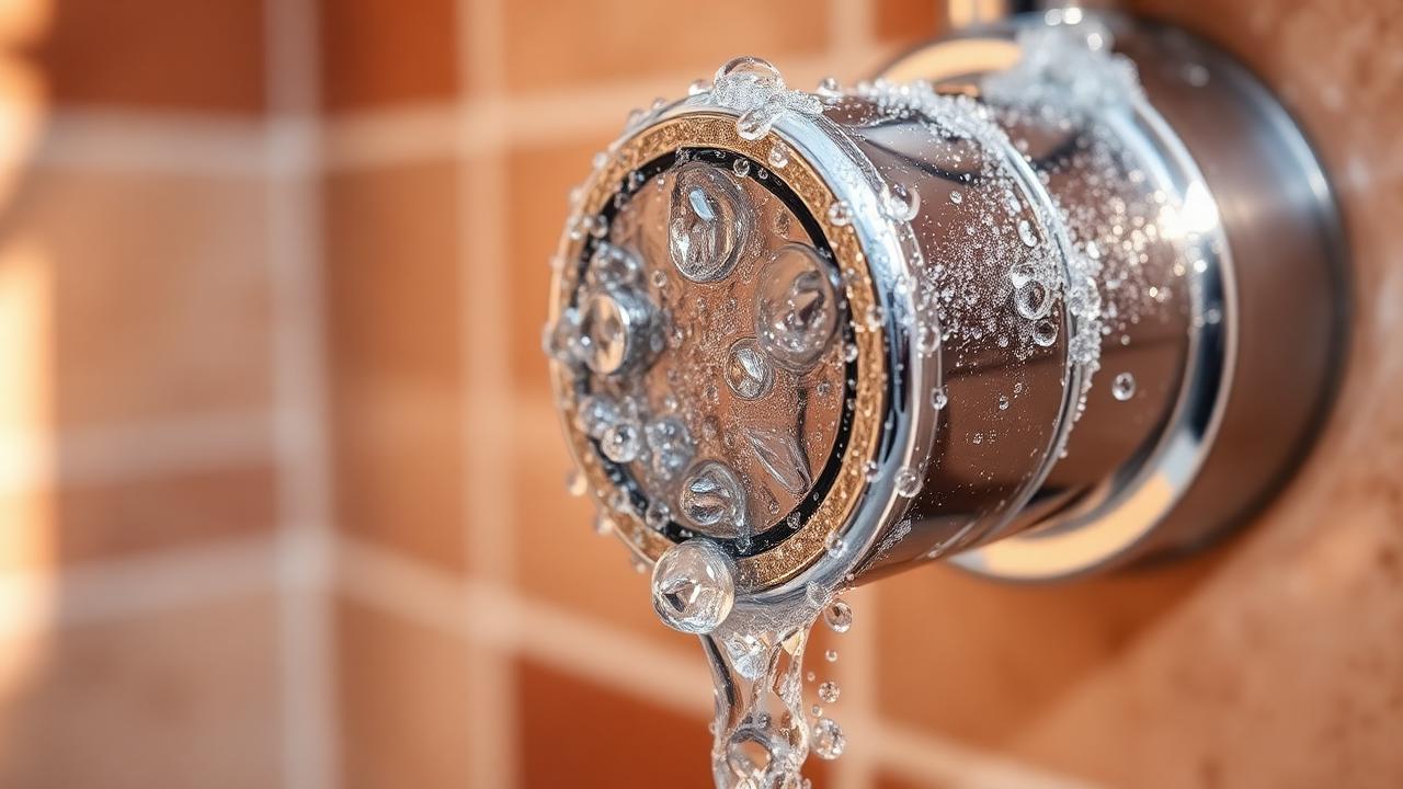 Limescale mineral buildup on a chrome shower fixture in an Arizona home