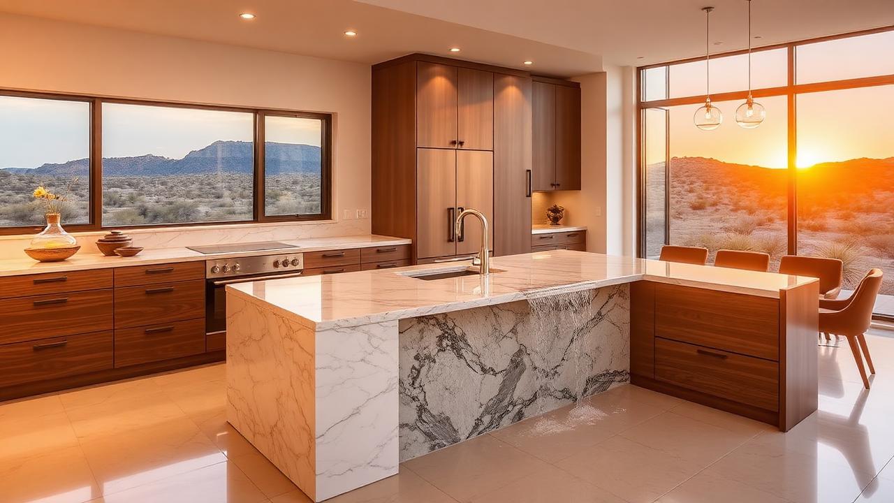 Luxury Scottsdale Arizona kitchen remodel with quartz waterfall island at sunset