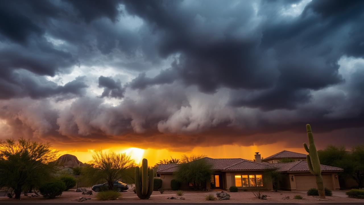 Monsoon storm clouds rolling over a Phoenix Arizona desert home at sunset