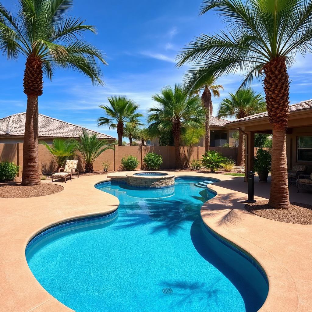 Beautifully resurfaced pool deck with palm trees in a Mesa Arizona backyard