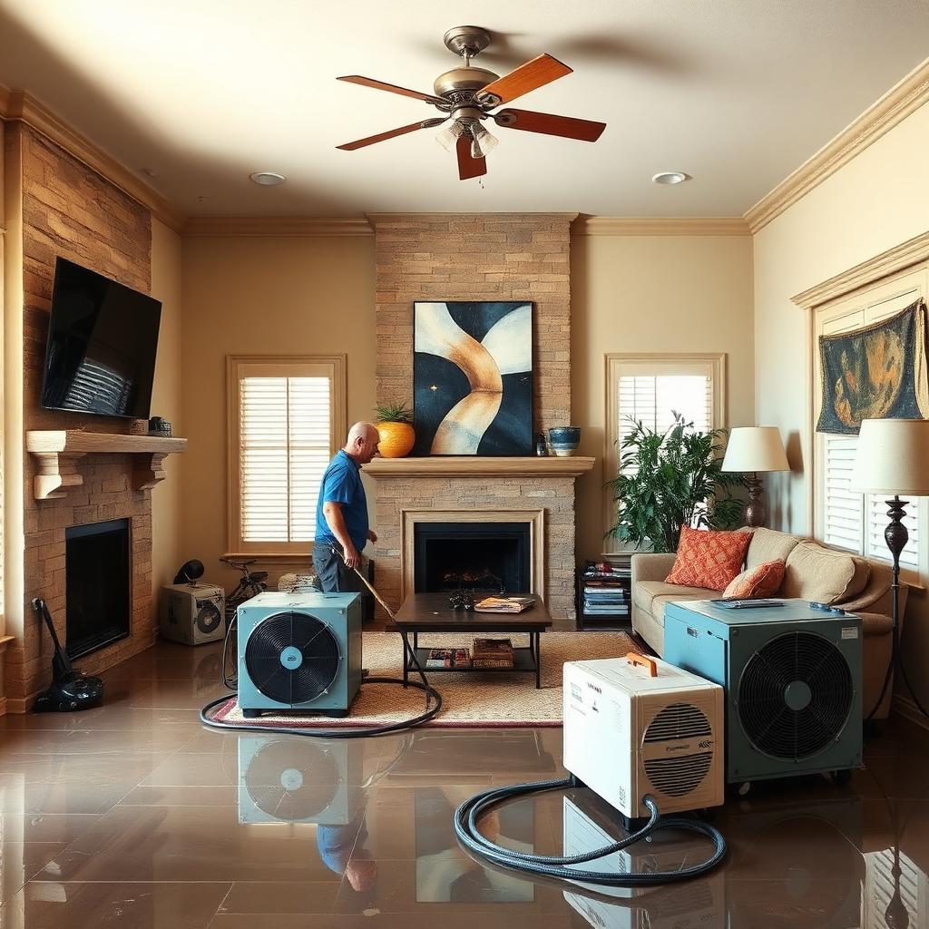 Water damage restoration with drying fans in a Phoenix Arizona living room