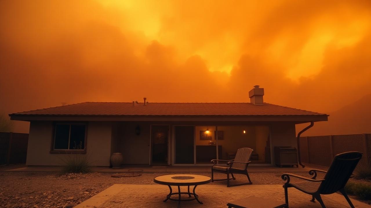 Hazy orange smoke sky over an Arizona home with ash on the patio
